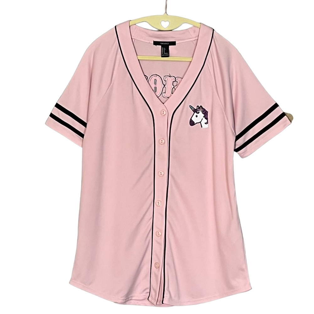 Forever 21 Women’s Pink Unicorn Patch Double Striped Sleeves Baseball Jersey